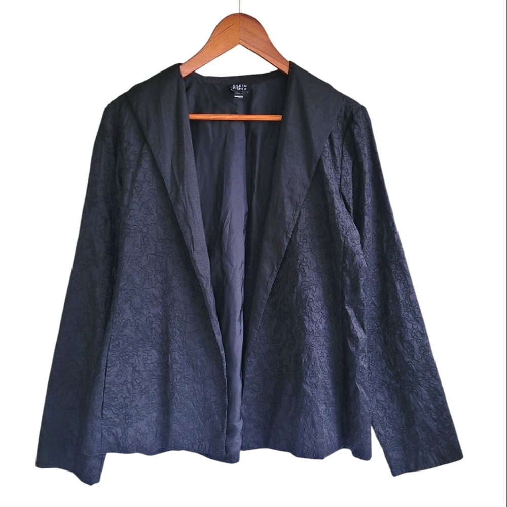 Eileen Fisher 100% Silk Embroidered Blazer Jacket Black Medium